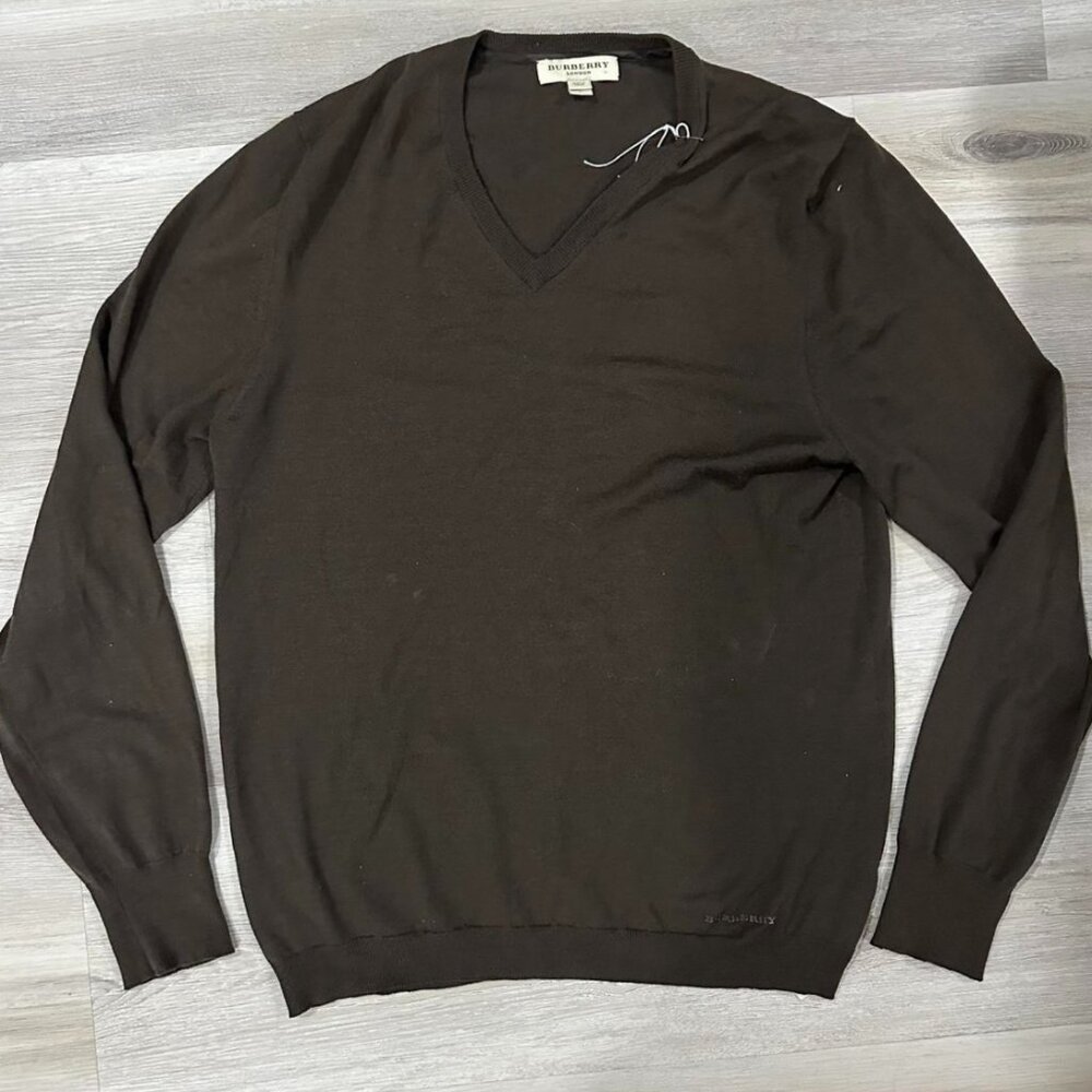 Burberry Men Brown Wool V-neck Pullover Sweater Size Large